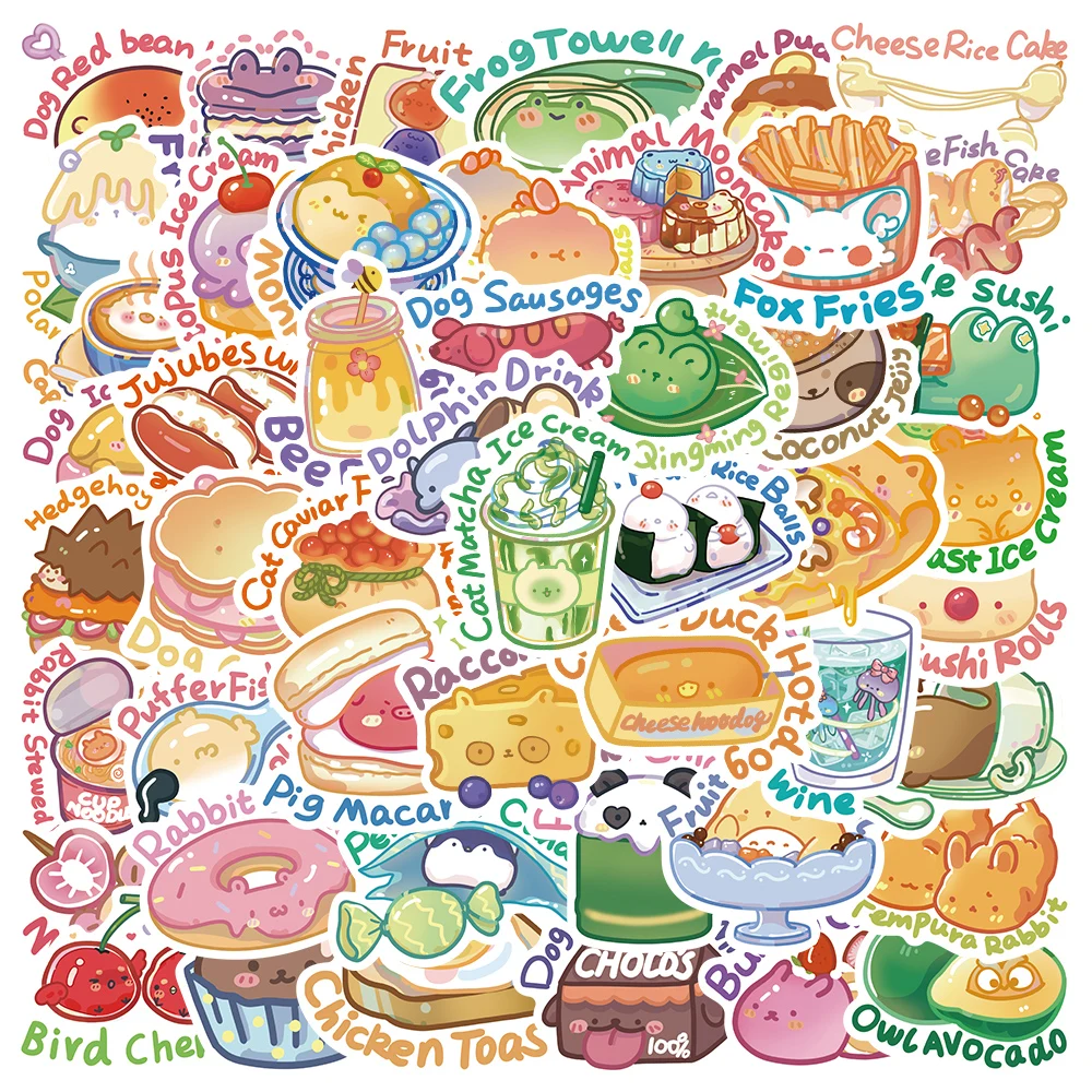 50pcs Funny Cute Cartoon Animals Foods Stickers For Luggage Guitar Phone Skateboard Vinyl Waterproof Graffiti Laptop Decals