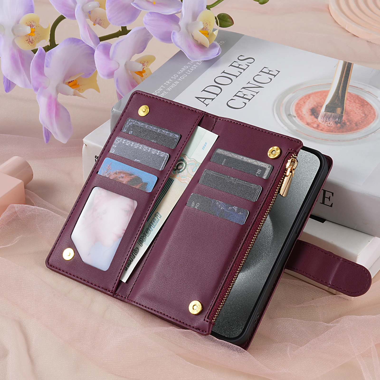 Premium Crossbody Leather Case with Zipper Card Slot Wallet Cover