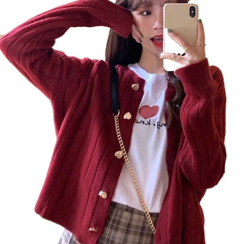 Women's Fashion Sweet Love Button Crew Neck Sweater Women's Long Sleeve Solid Color Casual Knitted Cardigan Jacket