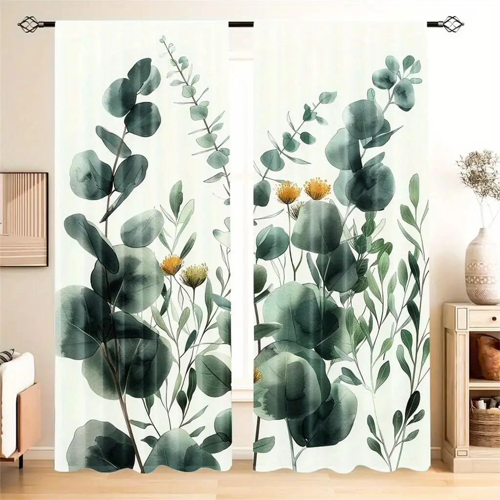 2 Pcs Fresh Green Leaf Curtains Natural Plant Print Living Room Bedroom Window Decoration Spring Summer Curtains 5