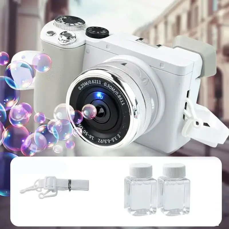 Kids' DSLR-Style Automatic Bubble Maker with Lights & Music, Leak-Proof Design, Bubble Solutions & Strap Included