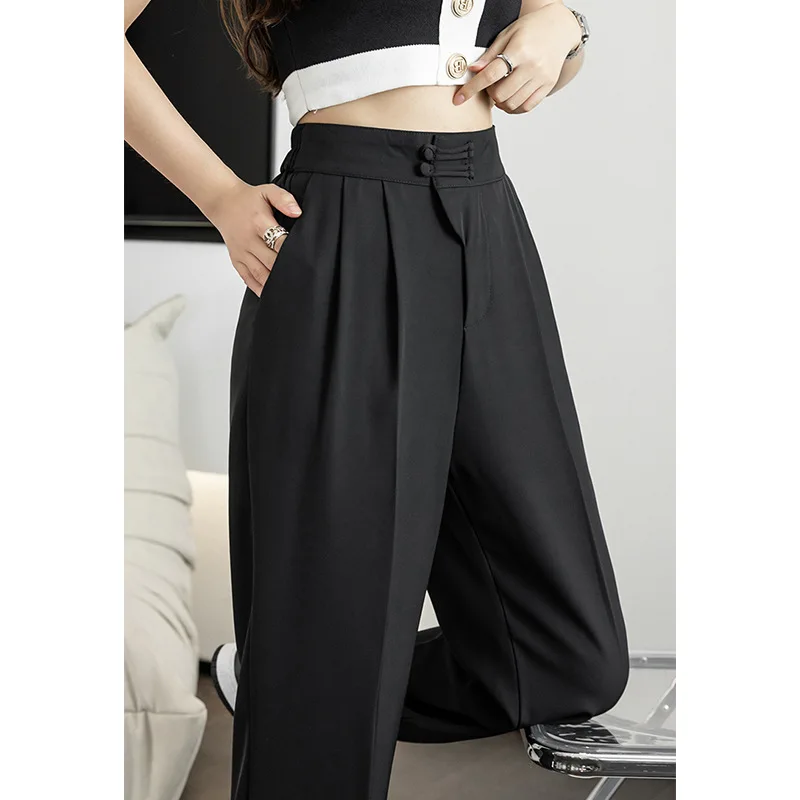 

Real Shot Chinese Style Harem Buckle Design Women's Summer New High Waist Loose Tappered Radish Cropped Casual Pants