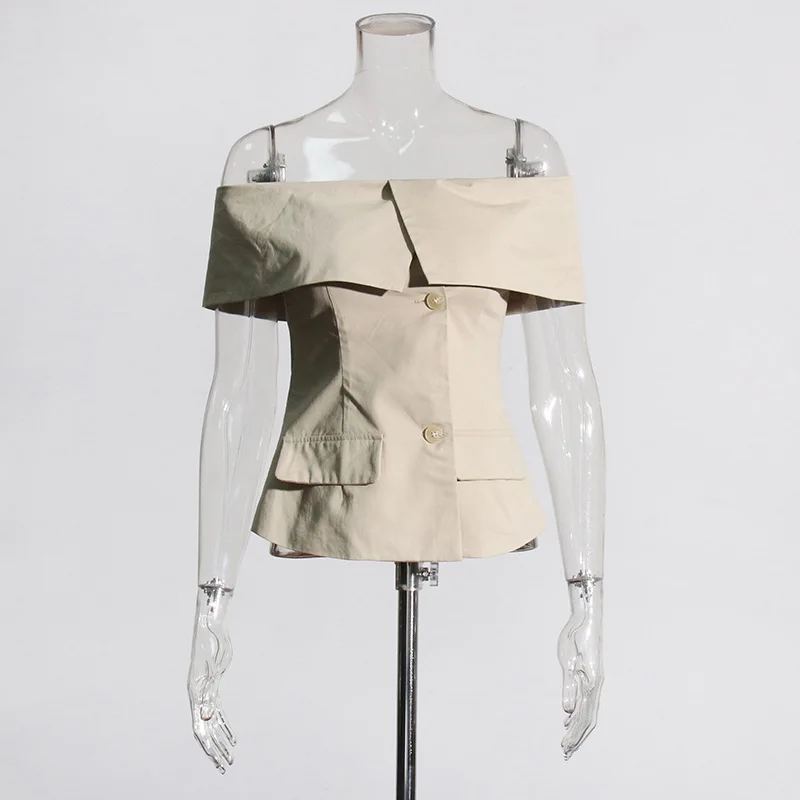 2024 Women's Elegant One Shoulder Khaki Jacket Summer Brand Design Off-Shoulder Slim Suit Top for Women