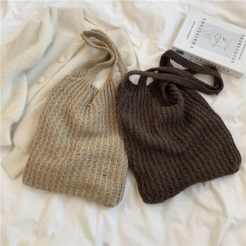 Hollow Woven Shoulder Bag Women Wool Large Capacity Totes Bag Winter Portable Handbag Shopping Totes Lady Handle Bag bolsa wristlet bag