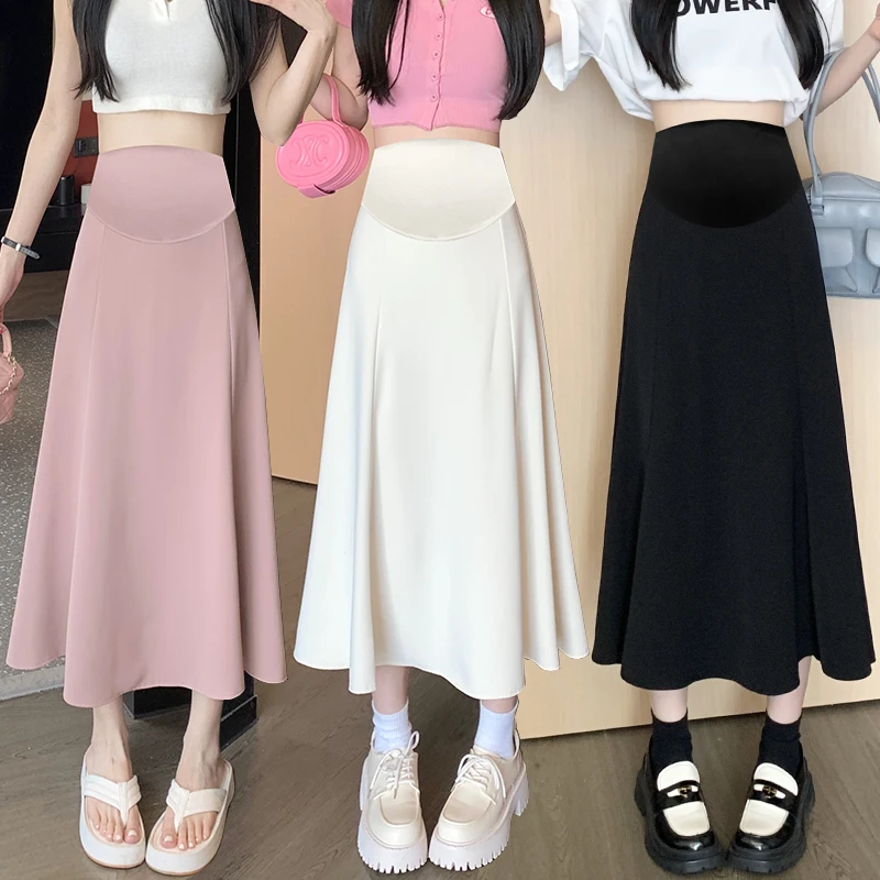 Summer Fashion A Line Drappy OL Maternity Skirts Elastic Waist Belly A Line Clothes for Pregnant Women Casual Pregnancy