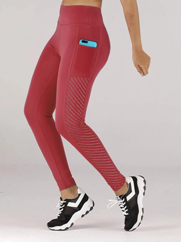 

CHRLEISURE Pocket Yoga Pants Women Mesh Leggings High Waist Push Up Fitness Leggings Stretchy Brethable Gym Tight Sportswear