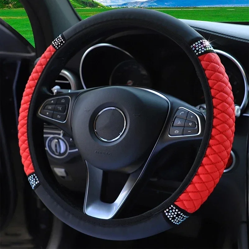 Universal Car Steering Wheel Cover 37-38cm Leather Embroidered Color Diamond-Studded Elastic Four Seasons Steering Wheel Cover - Image 2