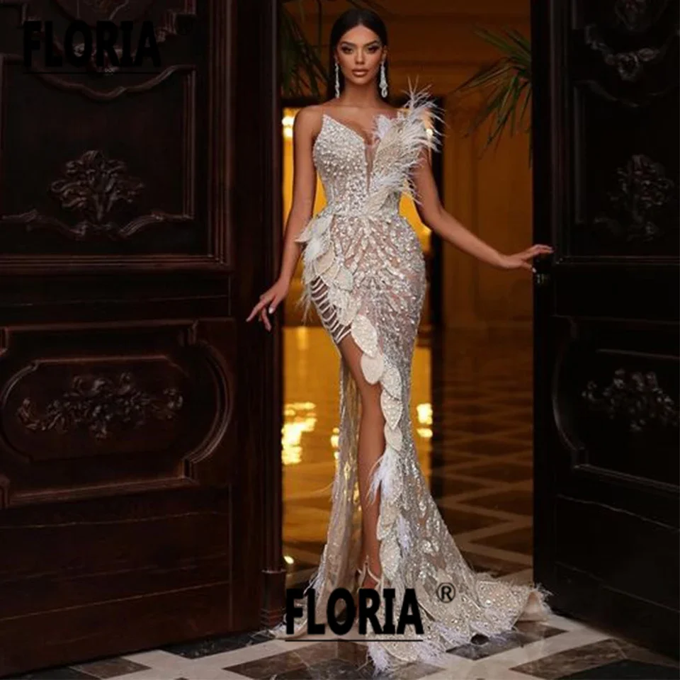 

Gorgeous Pearls Feather 3D Appliques Prom Party Gowns Formal Occasion Dress Dubai Mermaid Formal Evening Dresses robe de soirée