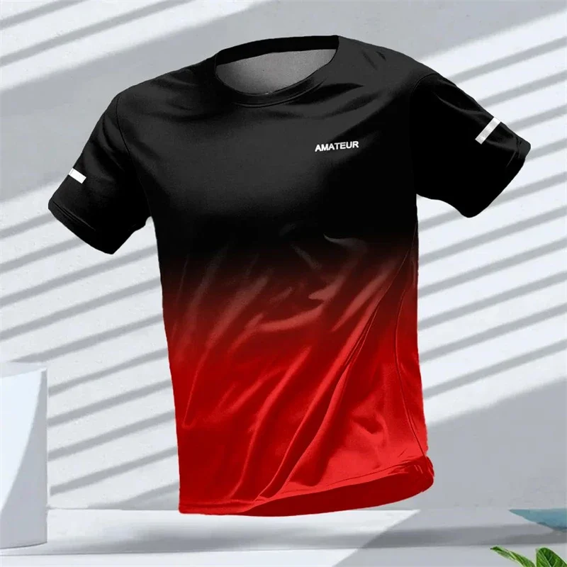 T-shirt da uomo per sport all'aria aperta, top unisex a maniche corte ad asciugatura rapida con stampa 3D standard con motivo sfumato. - immagine 4