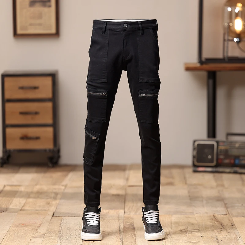 Street Fashion Men Jeans Black Stretch Skinny Hip Hop Jeans Zipper Pocket Designer Elastic Denim Pencil Pants Men Punk Trousers