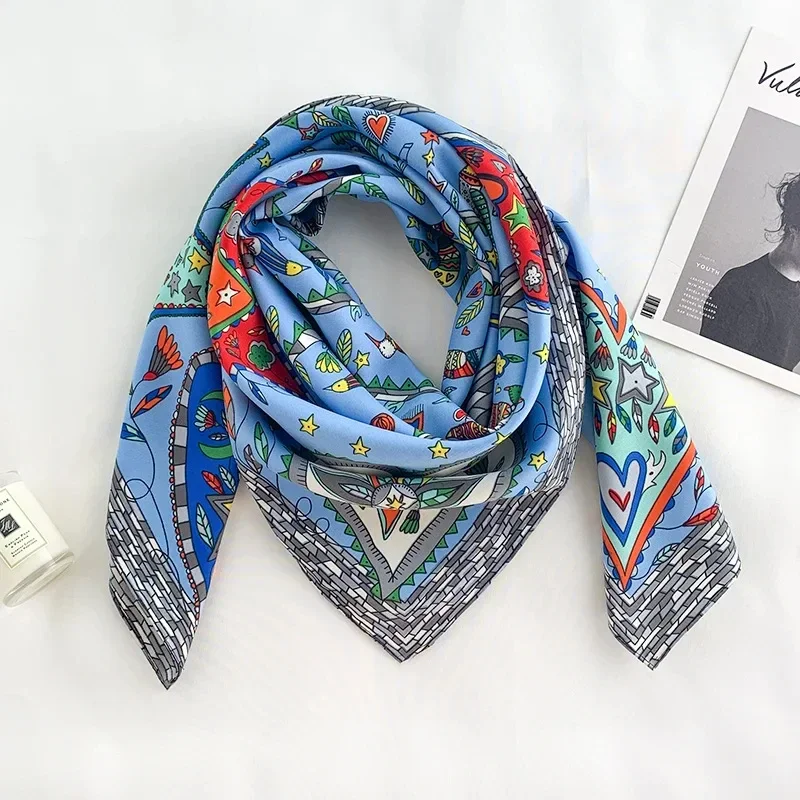 35.43" Geometric Pattern Square Scarf Imitation Silk Satin Shawl Thin Summer Sunscreen Bandana Outdoor Handbag Decoration Scarf 4