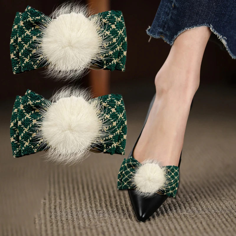 

Green Webbing Bow Shoe Clips Mink Fur Shoe Embellishment Fashion High Heels Shoe Decor Detachable Shoe Buckle for Ladies 2 Pcs