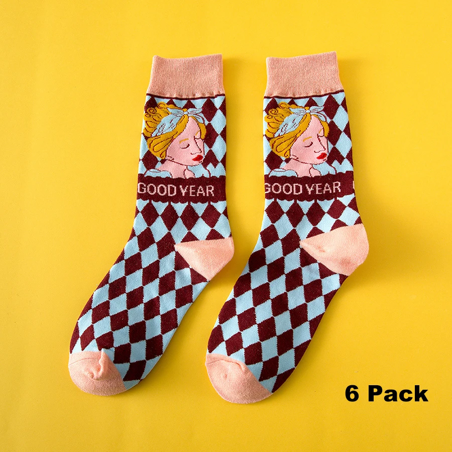 6 Pack Funny Socks for Women Bright Color Vintage Pattern Cat Kawaii  Harajuku Comfortable Casual Cartoon Pattern Cute Socks - AliExpress