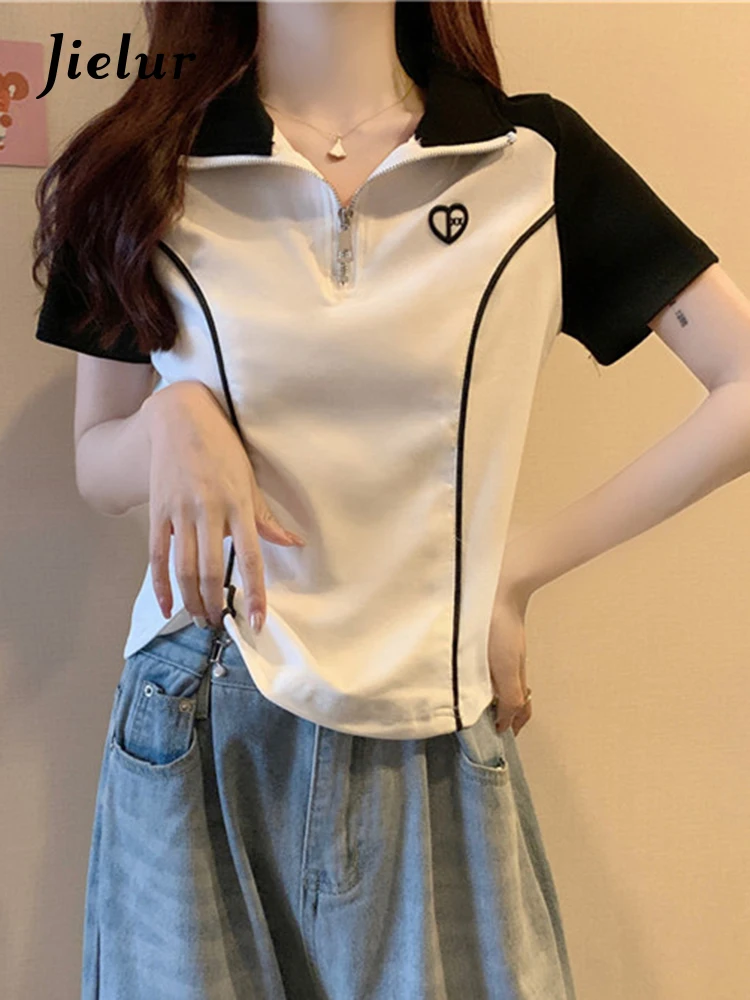 

Jielur New Women's Contrast Color Zipper T-shirt Summer Korean Commuter Polo Neck Tops Fashion Slim Fit Short Sleeve Tees Female