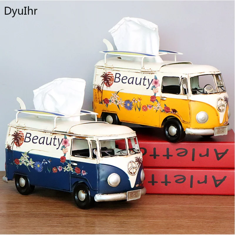 

DyuIhr retro cartoon car tissue box metal crafts painted iron art pumping paper box creative pink bus tissue box home decoration