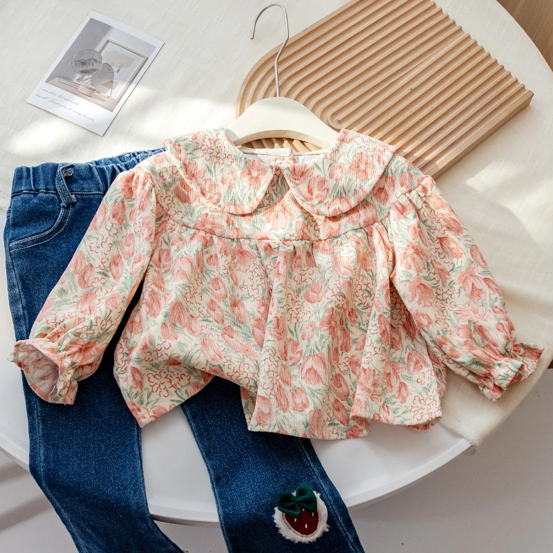 

Вельветовая рубашка с цветочным принтом для девочек, Новинка весна-осень 2024, повседневные шикарные рубашки с длинным рукавом и кукольным воротником в Корейском стиле для маленьких девочек
