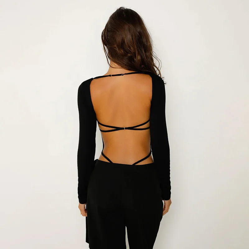 One-Pieces Lenceria Femenina Bandage Body Feminino Backless Tops For Women Rave Outfit Long Sleeve Black Sexy Bodysuit Lingerie