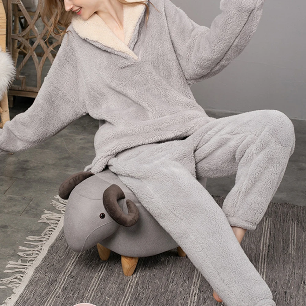

Pajama Sets Woman Fluffy Pijama Suit With Pants Thick Warm Fleece Home Clothes