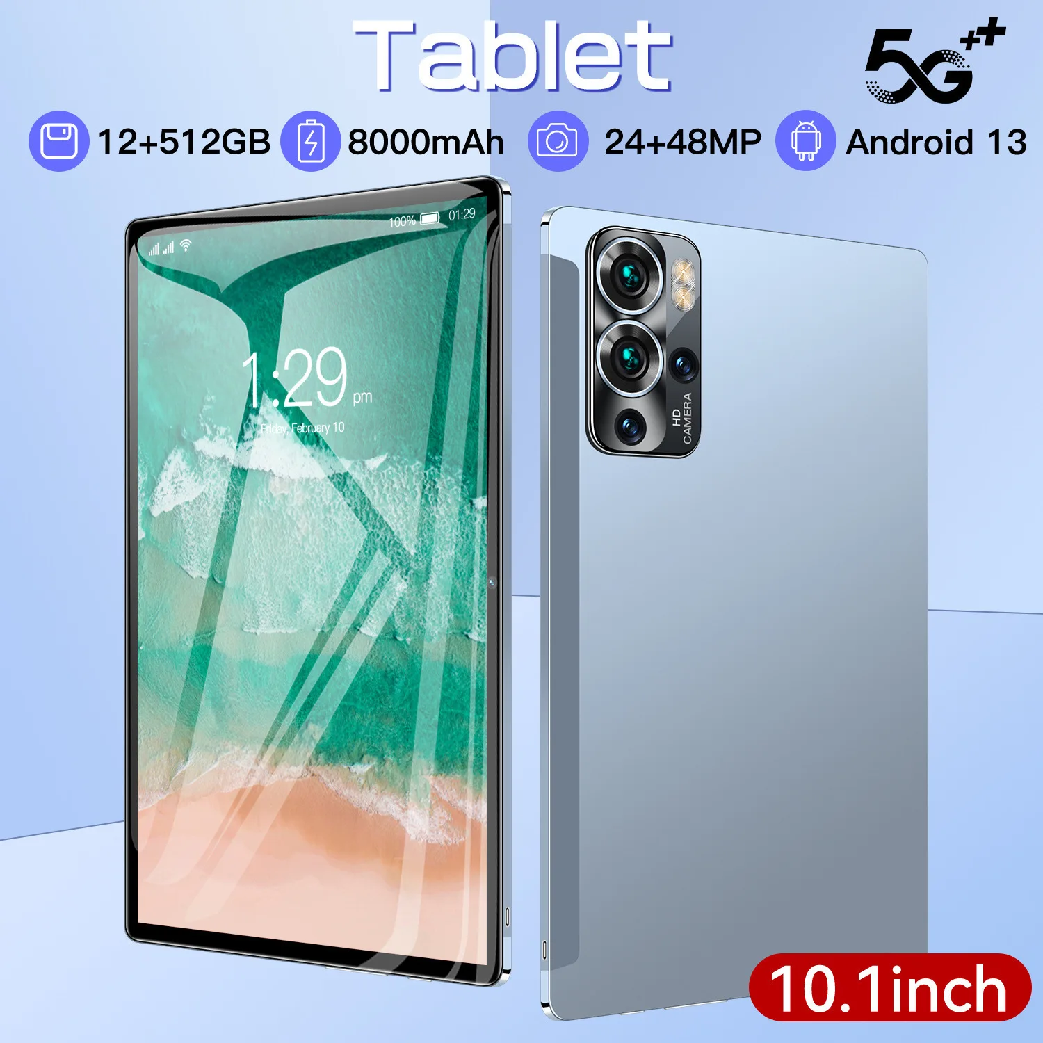 10.1 inch HD Screen Android 13 Tablet, 12GB RAM 512GB ROM, MTK6797 Deca Core, 8000MAH Battery, 2.4G/5G WiFi GPS Dual SIM