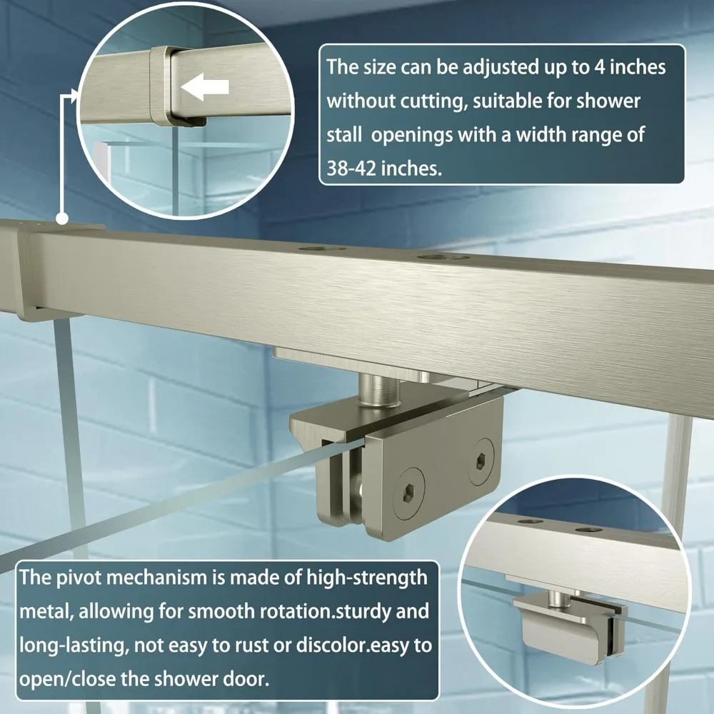 38-42" W x 71" H Swing Glass Shower Door,Pivot Semi-Frameless Glass Shower Door with 1/4"(6mm) Clear SGCC Tempered Glass 4
