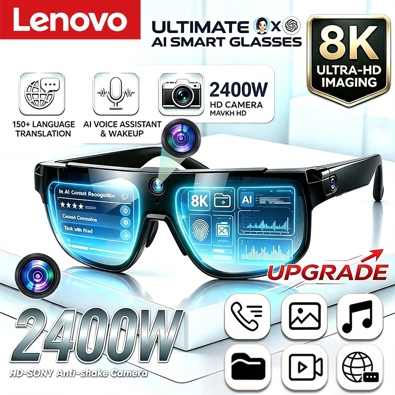 Lenovo AI Smart Glasses ChatGPT 8K Camera 2400W Anti-shake Cycling Video&Photo Sport Sunglasses DualMic 32GB Windproof Goggles
