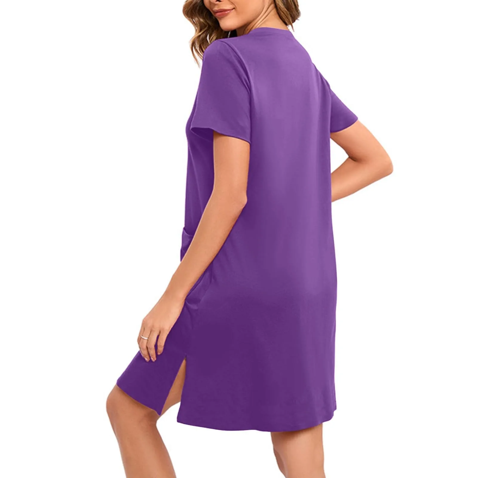 Women Sleepwear Bathrobes Zipper Front Short Sleeves Knee Length Short Dress With Pockets