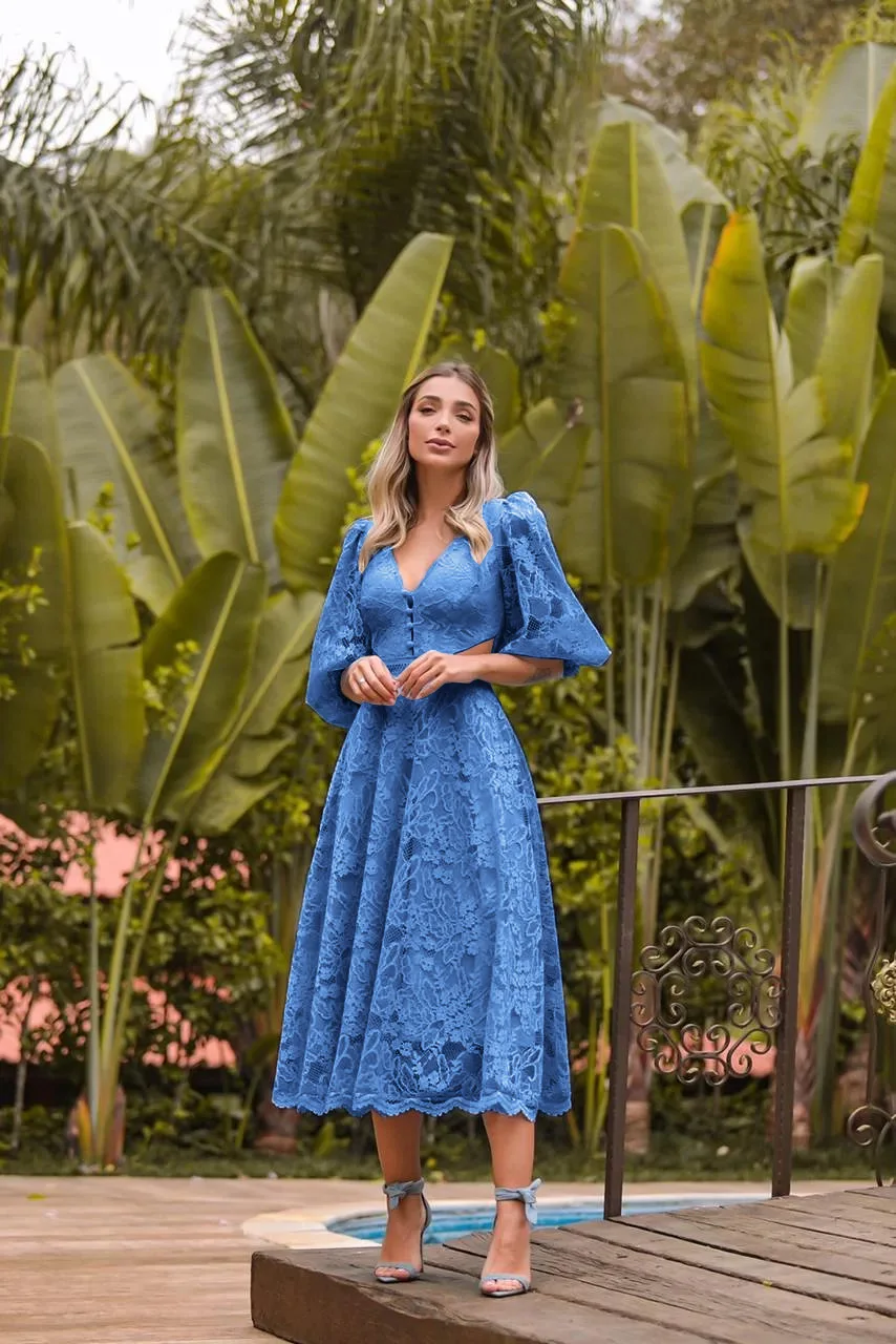 Everly - Vintage Glam Lantern Sleeve Midi Dress main image 0