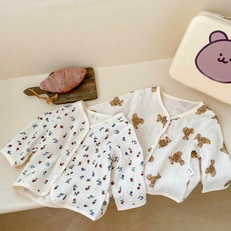 Spring Summer Kids Outerwear Sunscreen Clothing Girls Boys Baby Bear Flower Thin Coat Cardigan Newborn Infant Mosquito Proof Top