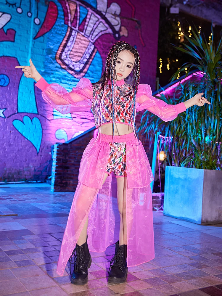 

Новинка, костюмы для джазовых танцев, наряды с розовыми блестками, одежда для девушек для современных танцев, одежда для выступлений, одежда для бальных танцев в стиле хип-хоп