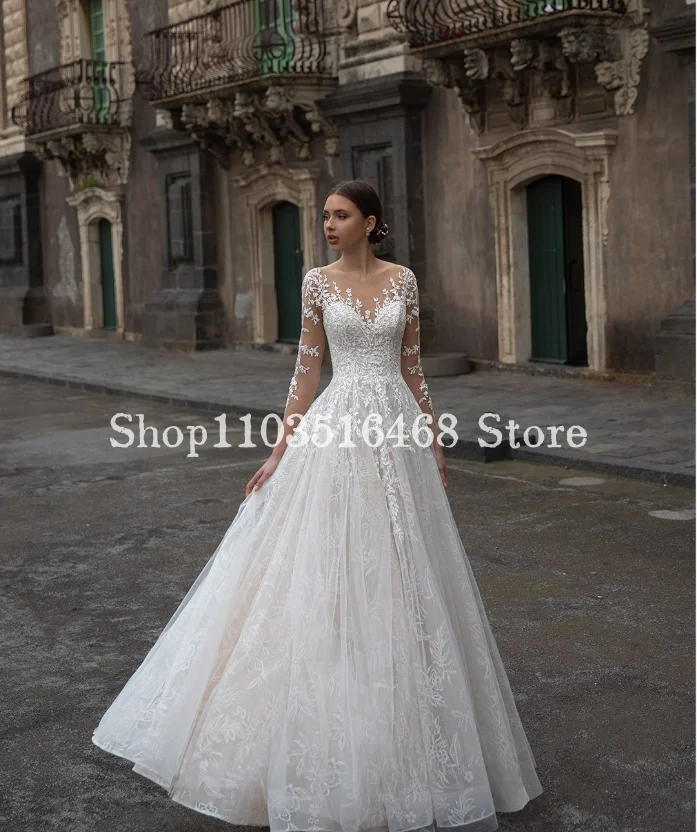 

White Elegant Wedding Dress Luxury Long Sleeve Pearl Applique A Line Formal Wedding Dress Custom Vestidos De Novias 2024