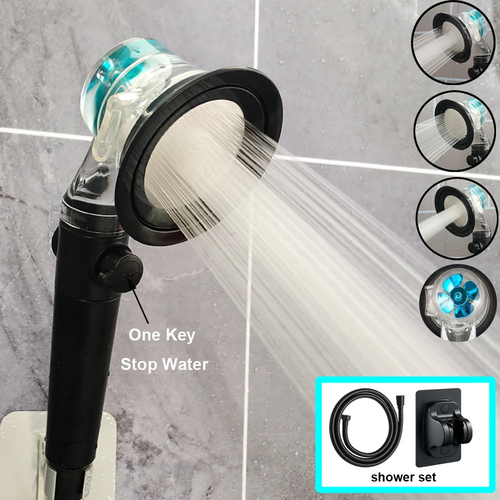 Zloog Turbo Propeller Pressurized Shower Head High Pressure 3 Modes Filter Rainfall Shower Set Stop Button Bathroom Accessories