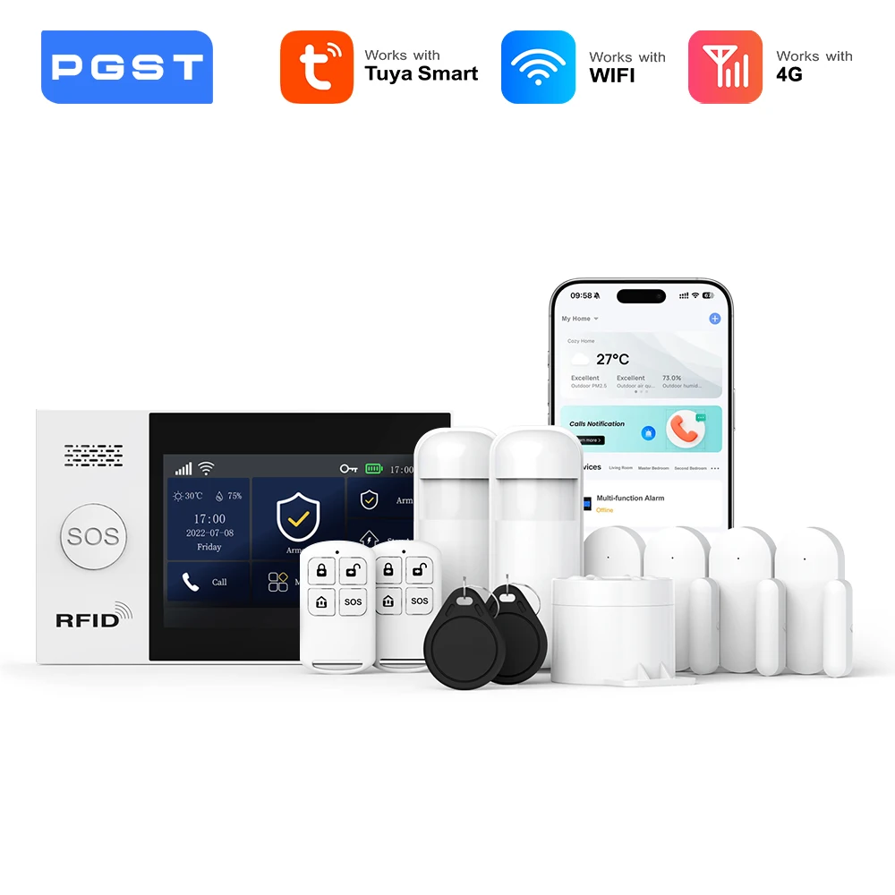 PGST PG-107 4G Wireless Home Alarm System WiFi Security 4.3 Inch Full Touch Screen Compatible Alexa Google