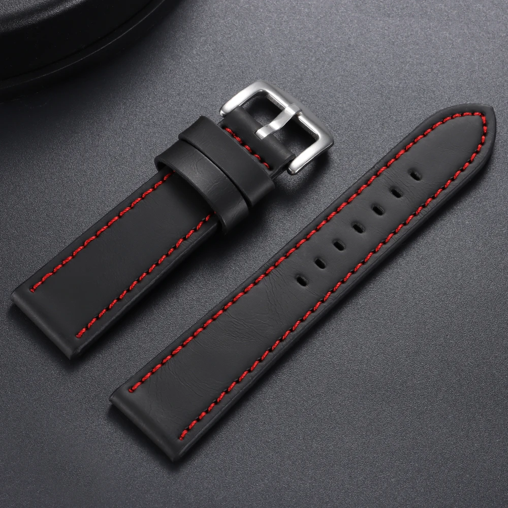 Stitched Brown Genuine Leather Sports Watch Band with Steel Clasp