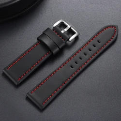 Stitched Brown Genuine Leather Sports Watch Band with Steel Clasp - With Silver Bukcle (Black Red)