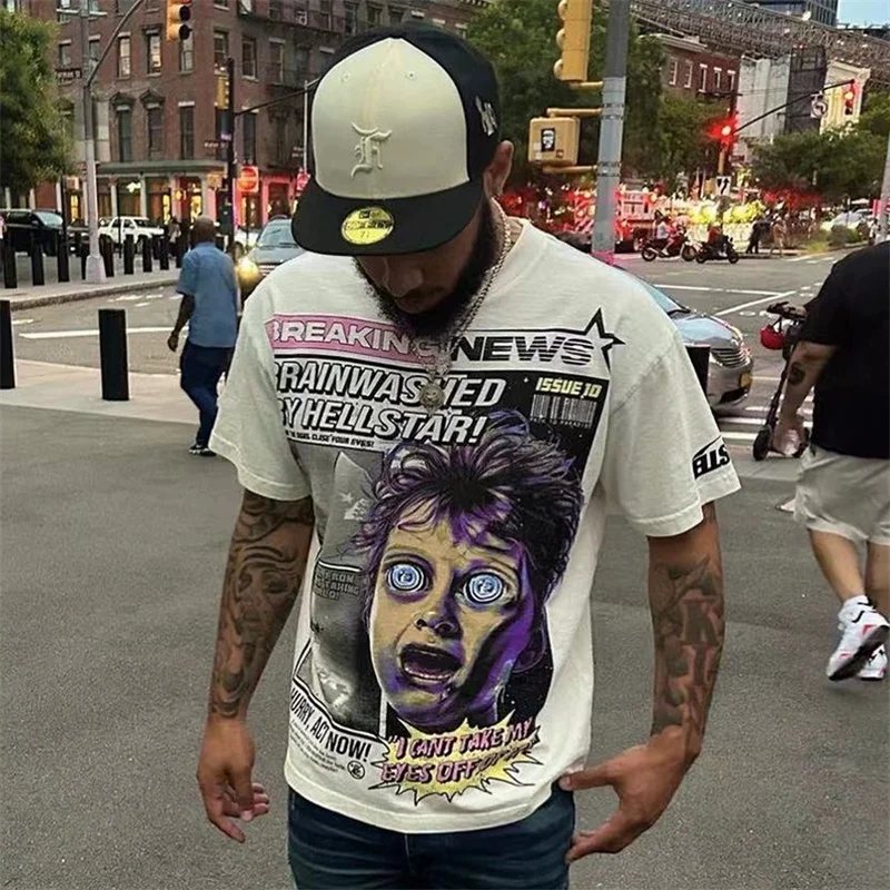 

Hellstar Cotton T-Shirt High Street Portrait Poster Print 1:1 Ultra Fire White Short Sleeve Top