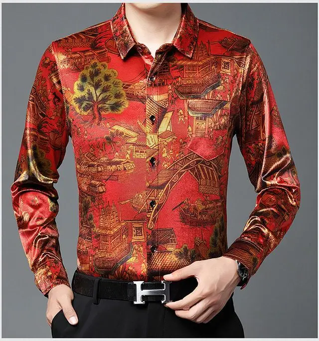 New Long sleeved Gold Velvet Pocket Shirt with added velvet for warmth and middle-aged men's printed shirt
