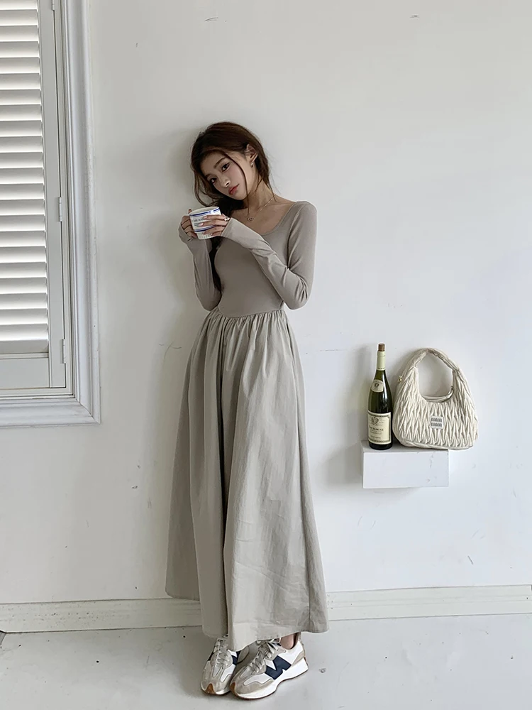 Casual Knitted Midi Dresses for Women Solid Long Sleeves Square Collar A-line Autumn New Elegant Dress Female Slim Vestidos