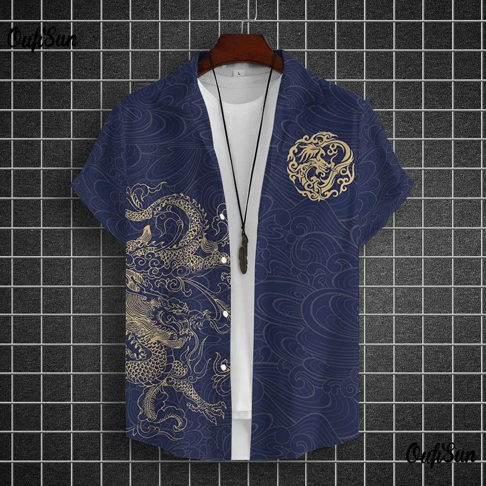 Men's Shirt Year Of The Dragon Totem 3D Printed Short Sleeve Large Size Loose Top Happy New Summer Sty casual short sleeved shirt short sleeved shirt