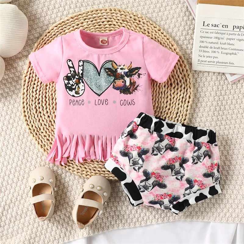 Infant Baby Girl Summer Two Piece Clothes Suits Lovely Letter Cow Head Print Tassel Short Sleeve