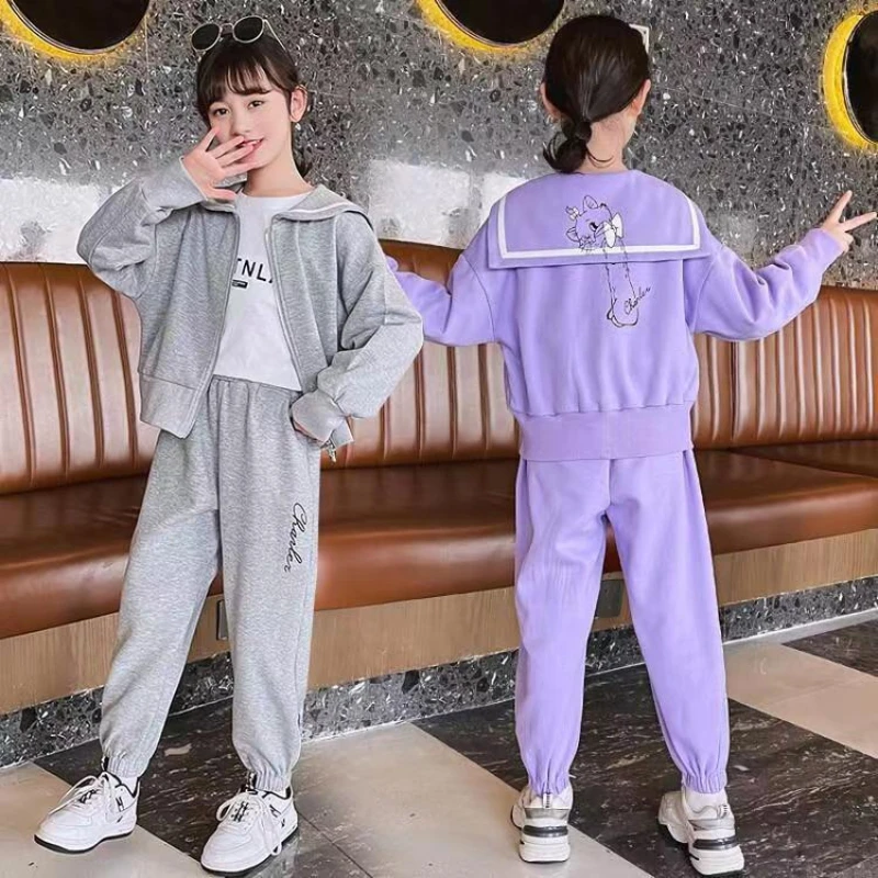 

Cute Sailor Collar Design Girls 2 Piece Outfits Children Cartoon Sweatshirt Jacket & Sweatpants Clothing Set Kids Fall Tracksuit