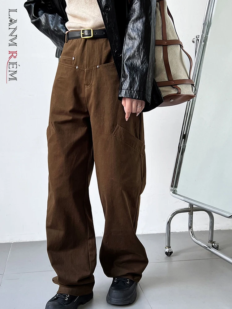 

LANMREM Vintage Straight Long Pants Women High Waist Pockets Spliced Design Solid Color Trousers Fashion 2023 Autumn New 2AA2542