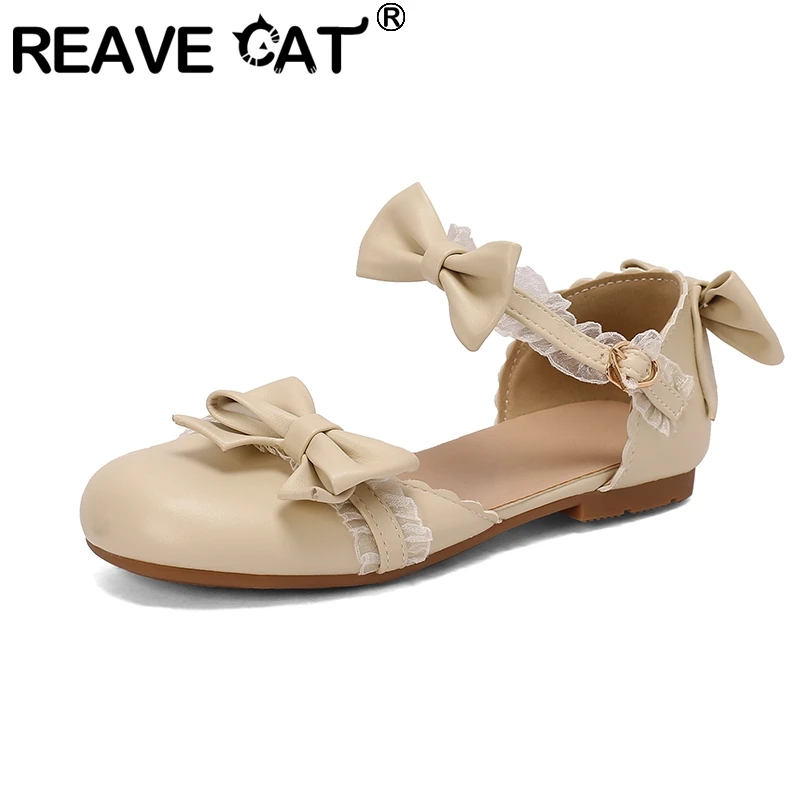 

REAVE CAT Lolita Style Girls Flats Bowknot Buckle Strap Round Toe Small Size 28 29 30 Sweet School Children Dress Shoes Summer