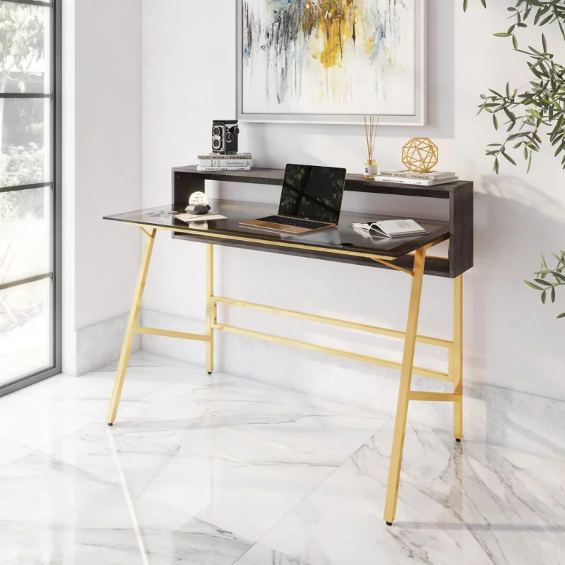 

Modern 47" Home Office Metal and Glass Writing Desk, Scratch Resistant, Gold and Black Office Furniture