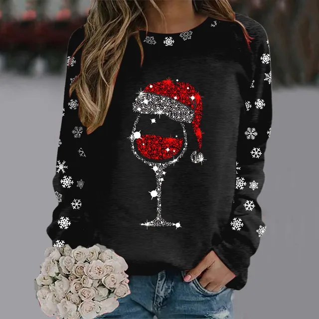 Merry Christmas Glass Snowflake Print Hoodies Round Neck Casual Loose Fit Pullover Tops Women Long Sleeve Autumn Sweatshirt 1