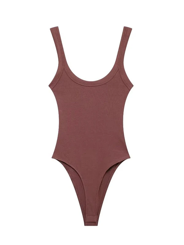 Skinny Ribbed Bodysuits, O Neck, Straps, Snap-Button,