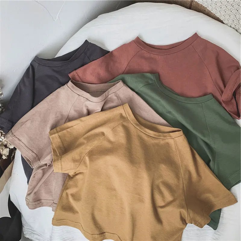 T Shirt Summer Kids T-shirts Solid Girls Tees Short Sleeve Tops Cotton Boys Korean Casual Children Clothes 1-9Y