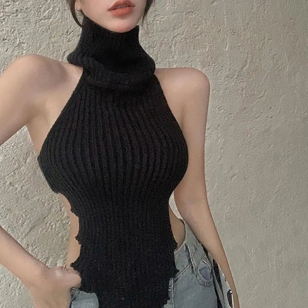 

Sexy Turtleneck Knitted Tank Top Sleeveless Summer Wear Outside In Hot Girl Short Top Colour Slim Backless Fashion Vest