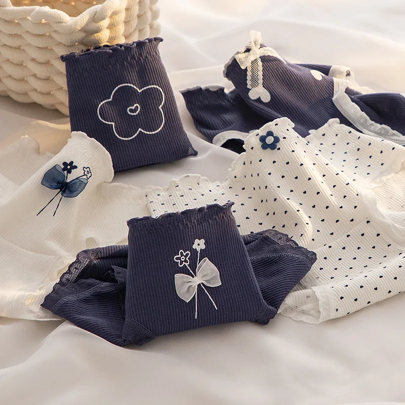 

6 Pcs Dark Blue Cotton Panties Breathable Briefs Women's Underwear Cute Girls Underpants Size M-XL