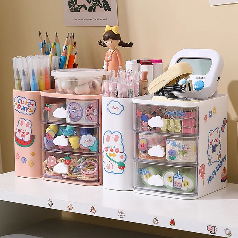 4 Grid Desk Storage Box Desktop Organizer With Drawer Pen Holder Send Kawaii Stickers Student Dormitory Stationery Makeup Shelf