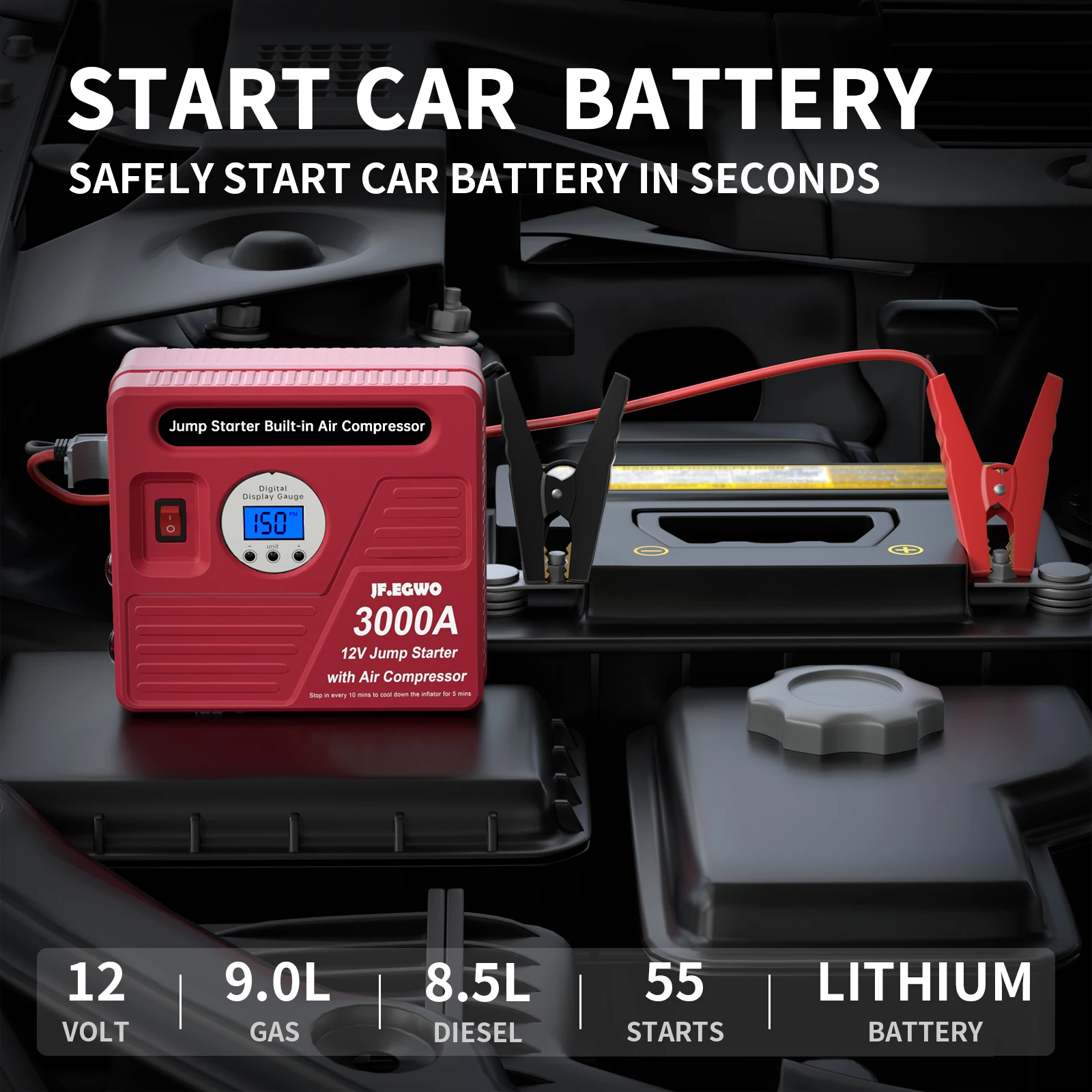 2000A 3000A Car Jump Starter Device Booster Air Compressor 24000mAh Power Bank Emergency Battery Charger Starting 12V